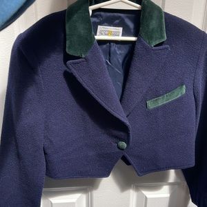 Truly a unique and beautiful jacket. Navy wool blend/hunter green velvet trim